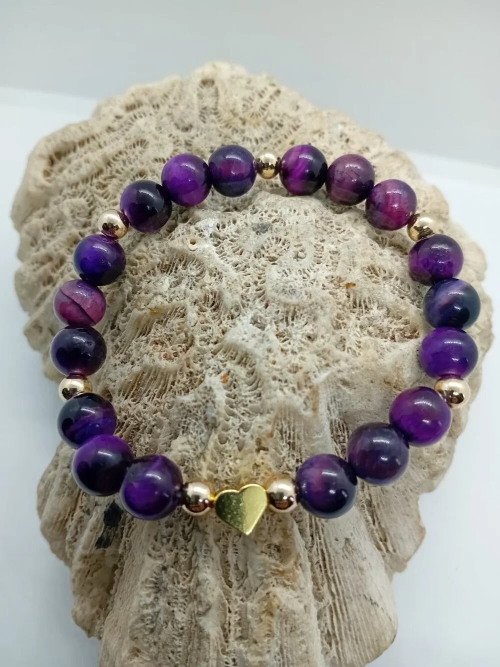 Natural Tigers Eye Stretch Bead Bracelet 14K Gold Beads Heart Charm 6MM Healing